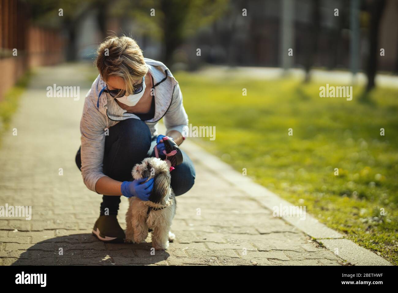 Una donna in una maschera medica protettiva sta camminando lungo il percorso della città con il suo caro cane sciita Tzu durante lo scoppio del virus dell'influenza e la corona Foto Stock