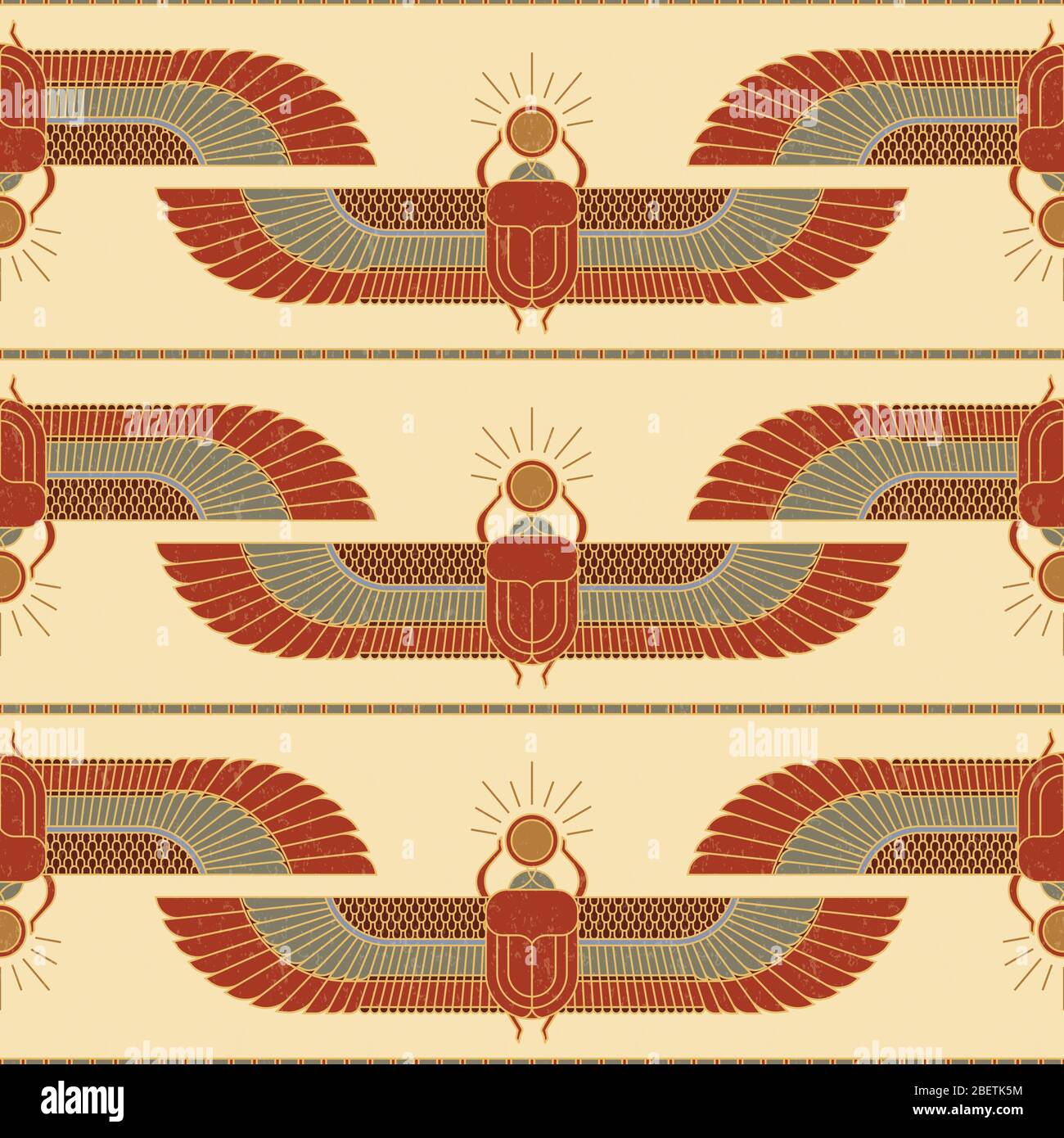 Simboli dell'antico Egitto sotto forma di un modello assurdo con un'illustrazione di un scarabeo con un simbolo del sole nelle zampe e nelle ali. Illustrazione Vettoriale