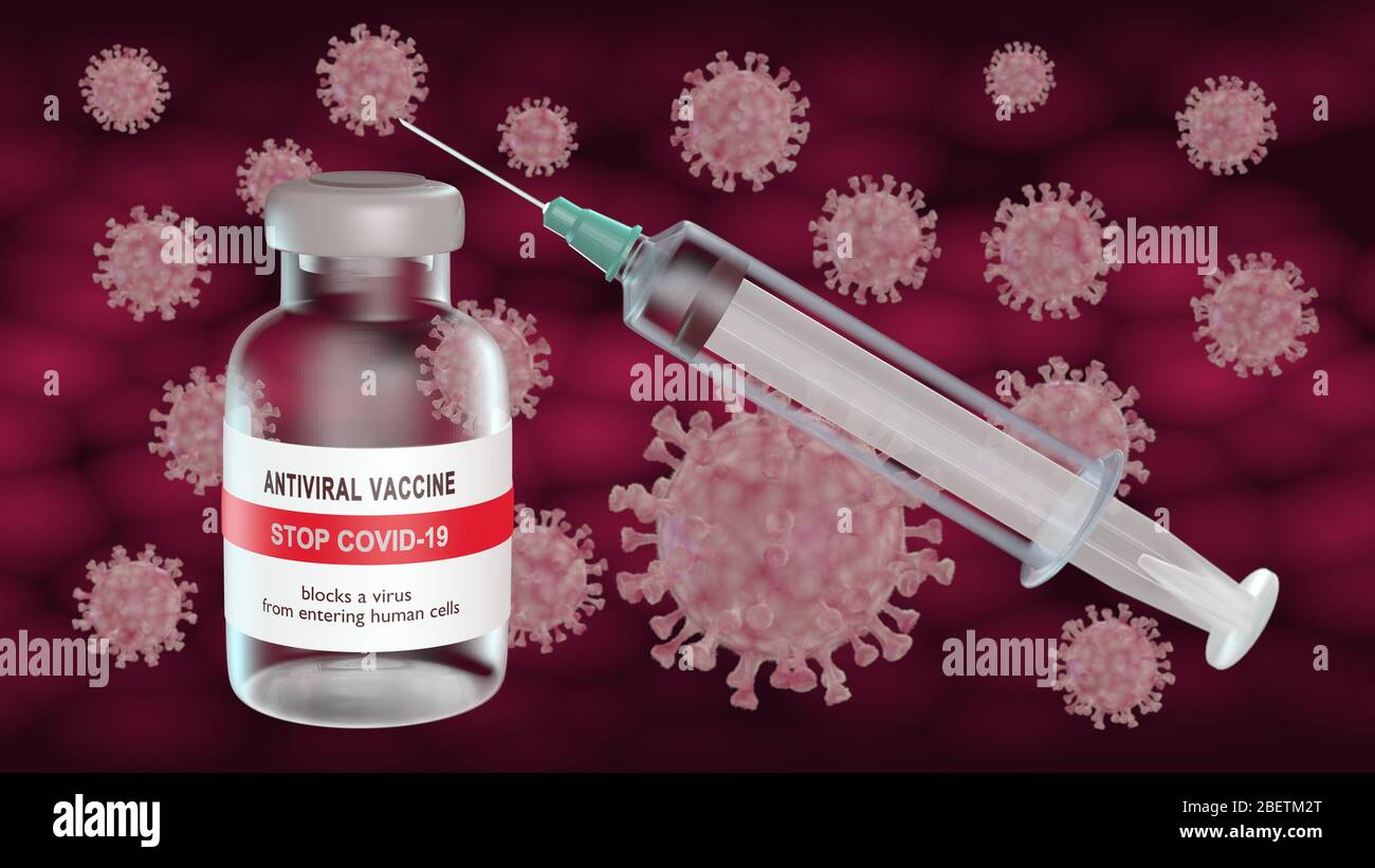 Vaccino in flaconcino con siringa contro lo sfondo di una colonia di coronavirus - illustrazione 3D. Foto Stock