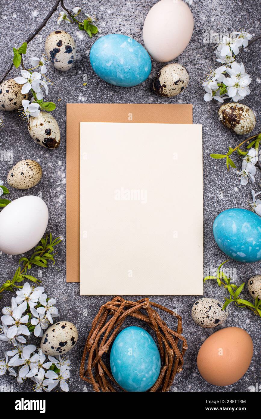 Uova di Pasqua e carta vuota Foto Stock