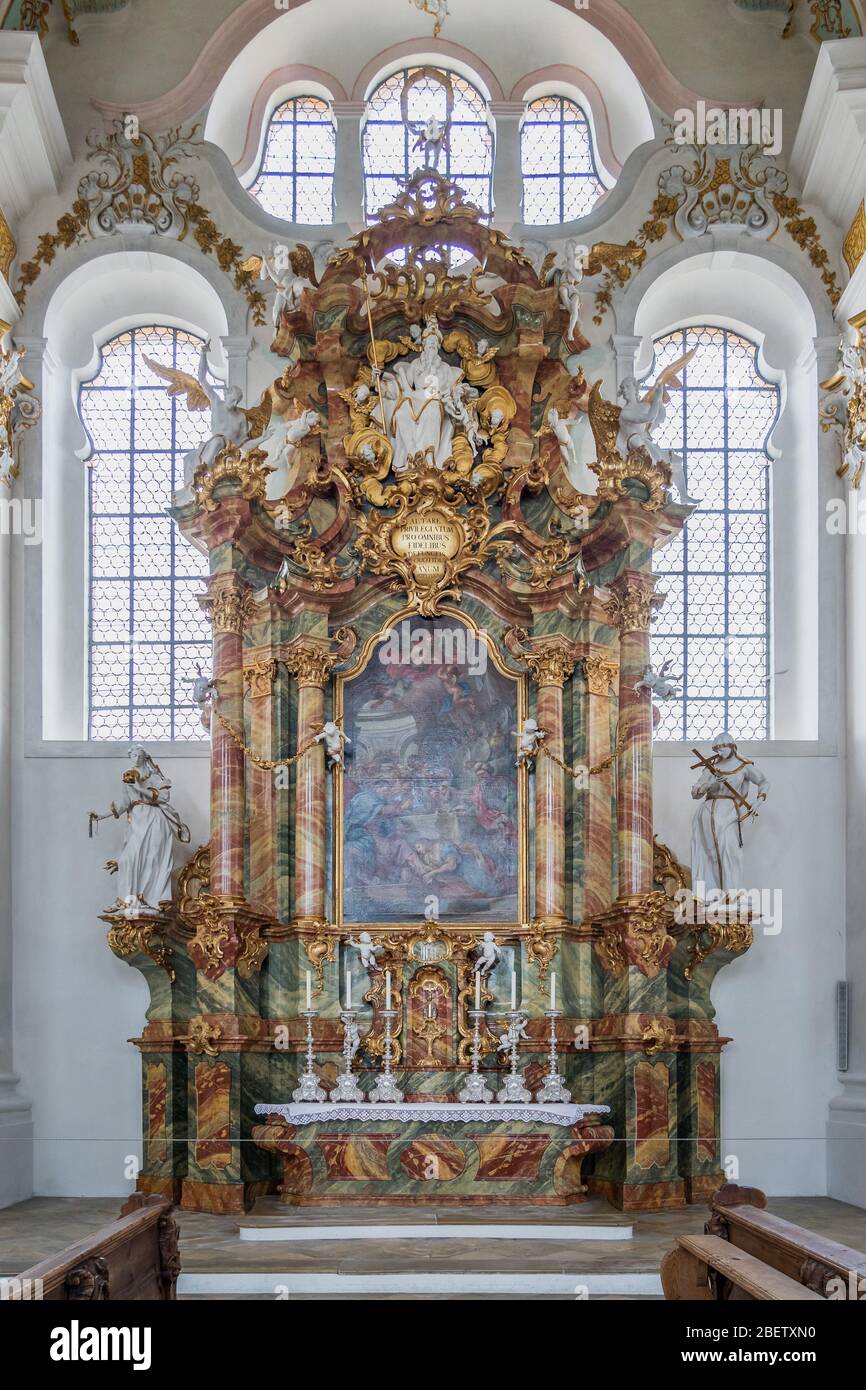 1 febbraio 2020 - Steingaden, Germania: Altare in stile rococò nella Chiesa di Wies, Wieskirche Foto Stock