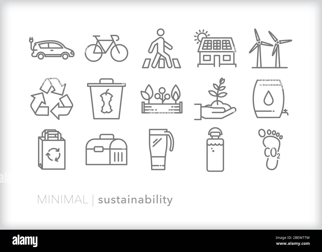 Set di icone della linea di sostenibilità per ridurre i rifiuti, riciclare, essere rispettosi dell'ambiente e praticare uno stile di vita di conservazione Illustrazione Vettoriale