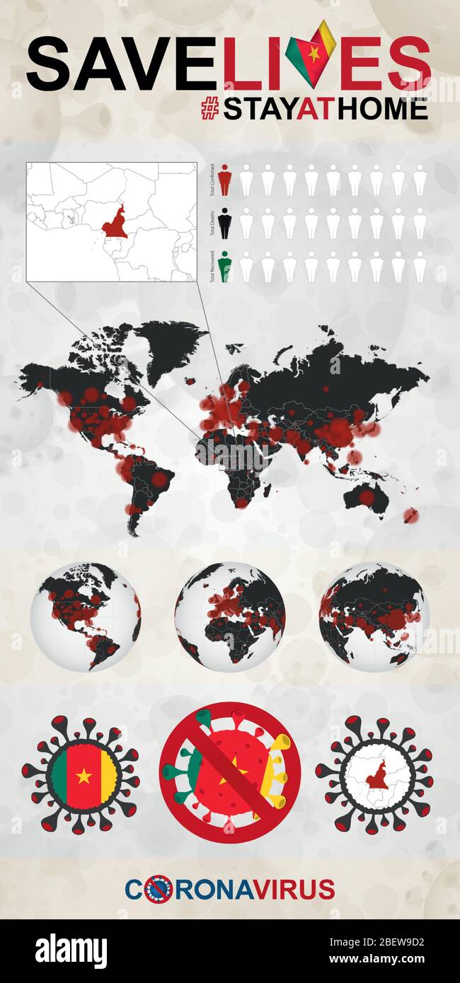 Infografica su Coronavirus in Camerun – soggiorno a casa, salvare vite. Cameroun Flag and Map, Mappa del mondo con casi COVID-19. Illustrazione Vettoriale