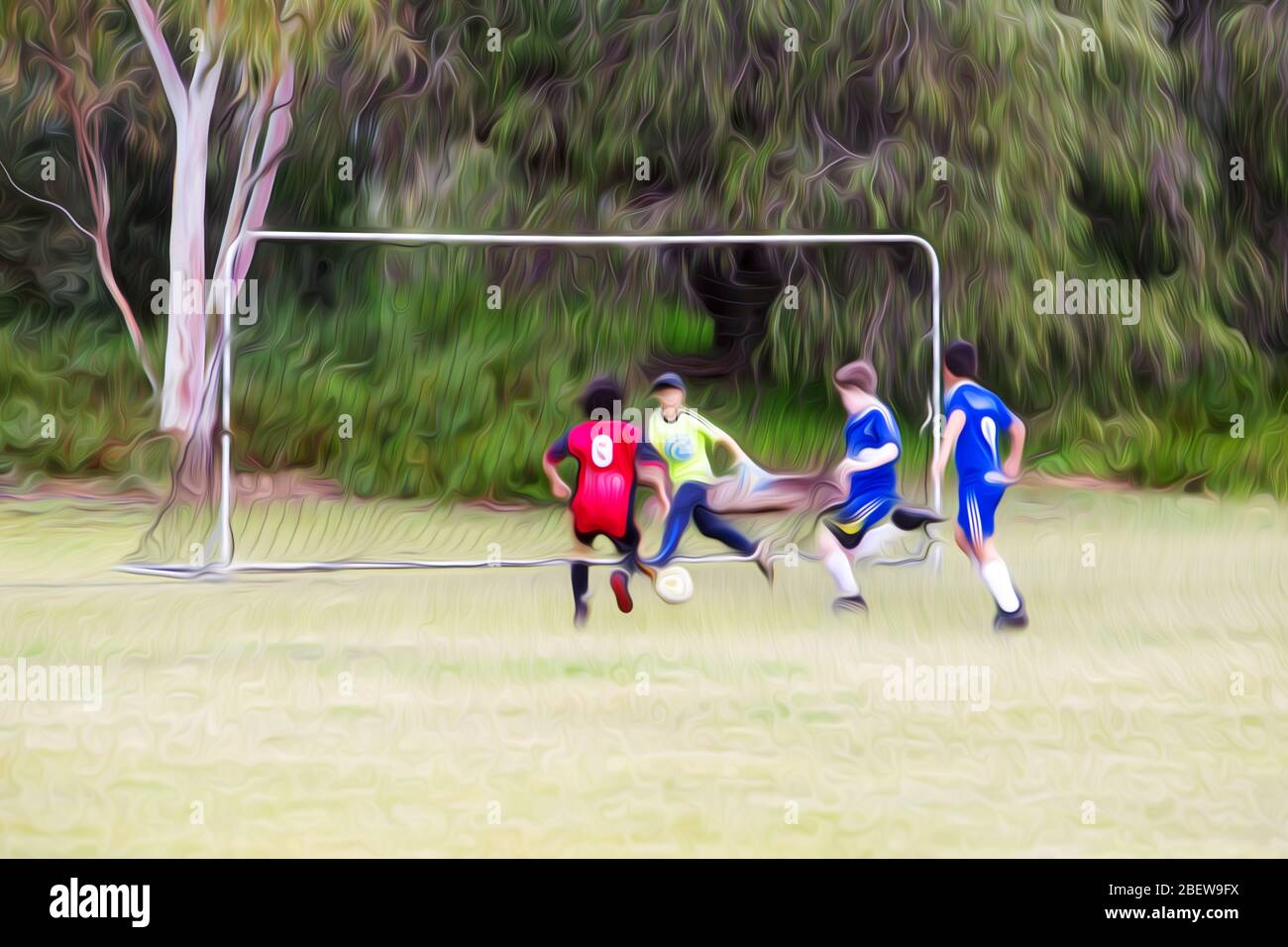 Partita di calcio dei ragazzi edita con un effetto cartoon. Partita di calcio tra squadre rosse e blu. Foto Stock