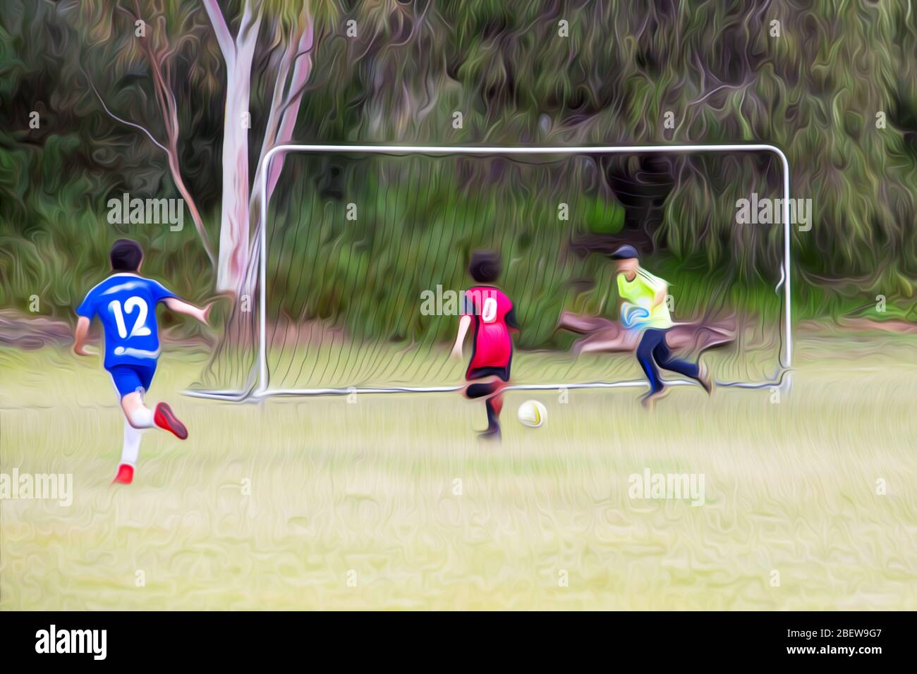 Partita di calcio dei ragazzi edita con un effetto cartoon. Partita di calcio tra squadre rosse e blu. Foto Stock