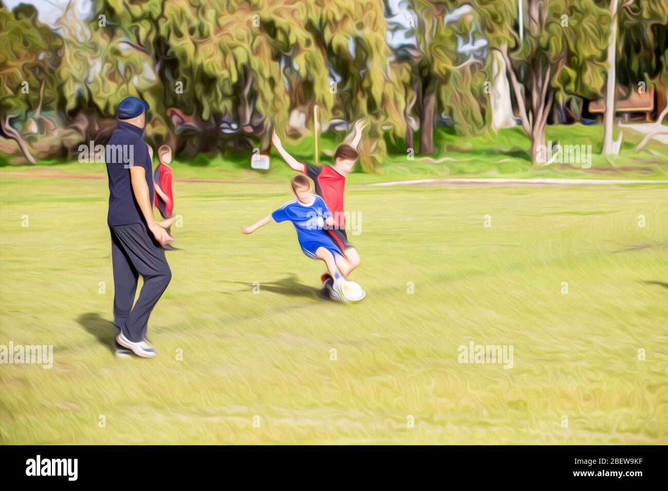 Partita di calcio dei ragazzi edita con un effetto cartoon. Partita di calcio tra squadre rosse e blu. Foto Stock