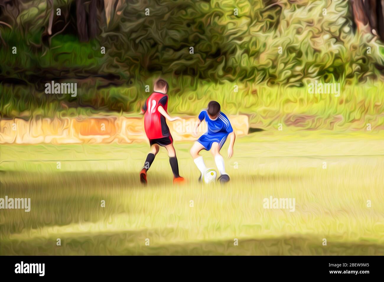 Partita di calcio dei ragazzi edita con un effetto cartoon. Partita di calcio tra squadre rosse e blu. Foto Stock