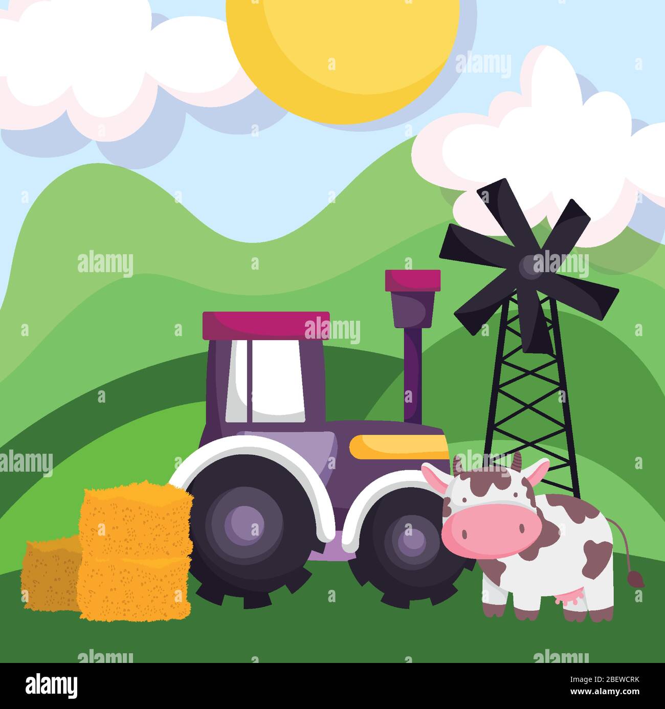 animali da fattoria trattore mucca pila di fieno mulino a vento cartoni animati vettore illustrazione Illustrazione Vettoriale