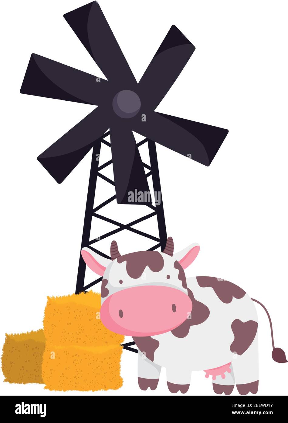 animali da fattoria mucca pila di fieno mulino a vento cartoni animati vettore illustrazione Illustrazione Vettoriale