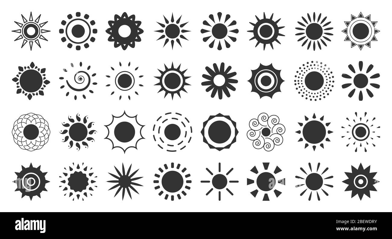Set di sole con icona di colore nero. Semplice glyph silhouette segno caldo  estate mattina. Pittogramma, simbolo grafico meteo. Modello di design del  logo per l'applicazione Web meteorologica. Isolato su illustrazione  vettoriale