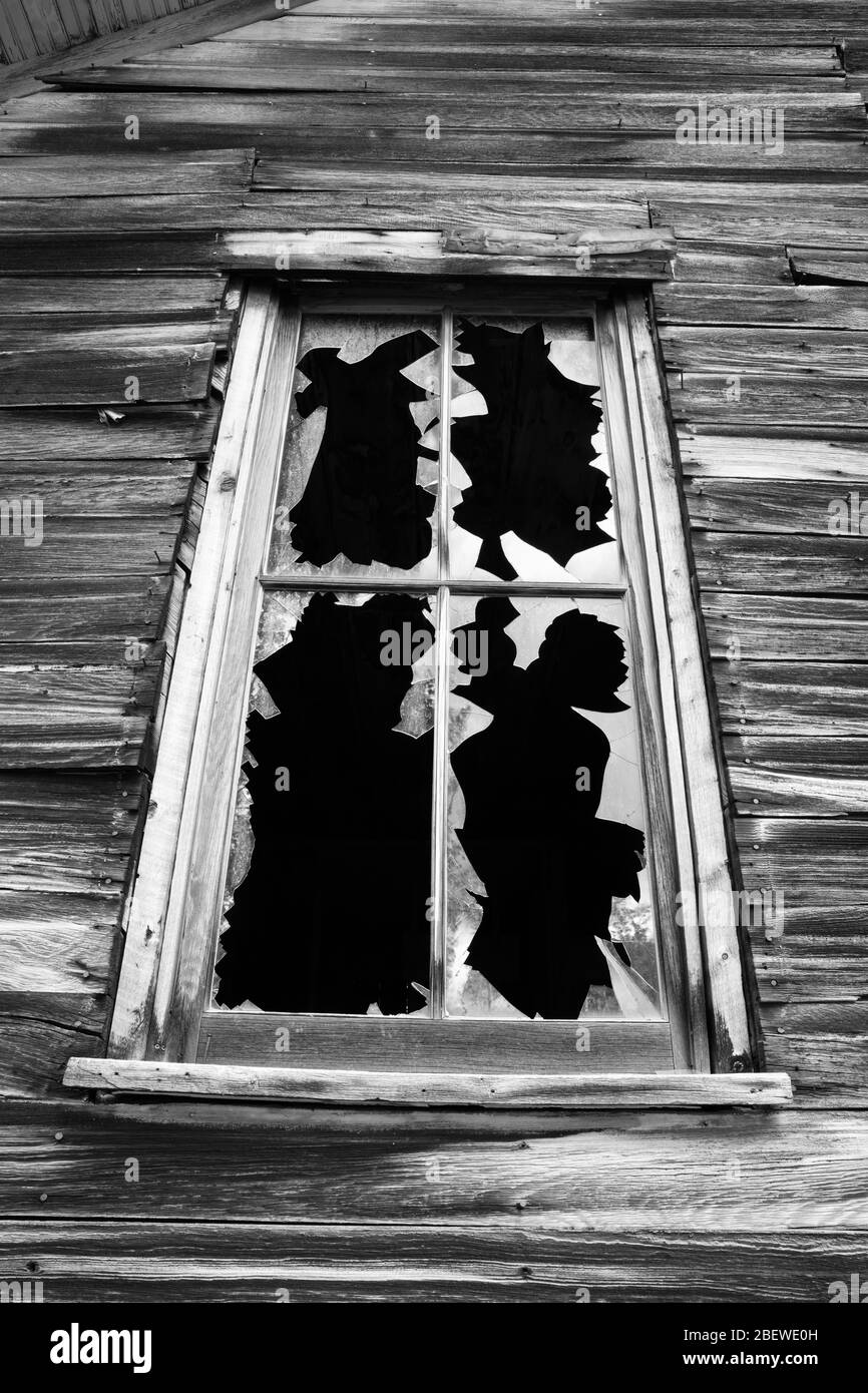 Finestra rotta con barbe di vetro, alta città fantasma, Colorado Foto Stock