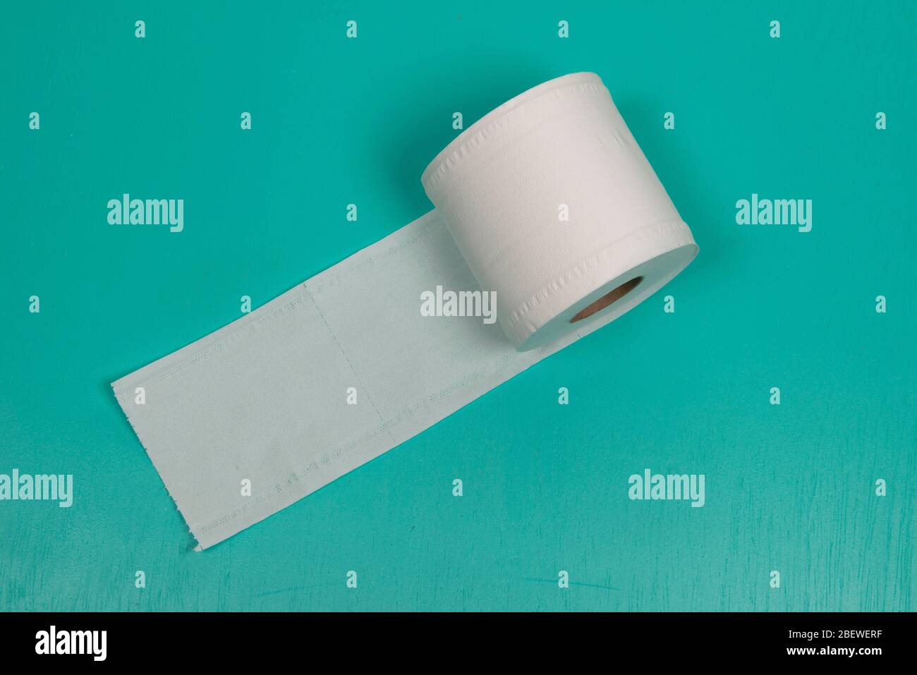 Articoli igienici in bagno. Supporto carta igienica. Rotolo di tessuto molle isolato su sfondo verde. Foto Stock