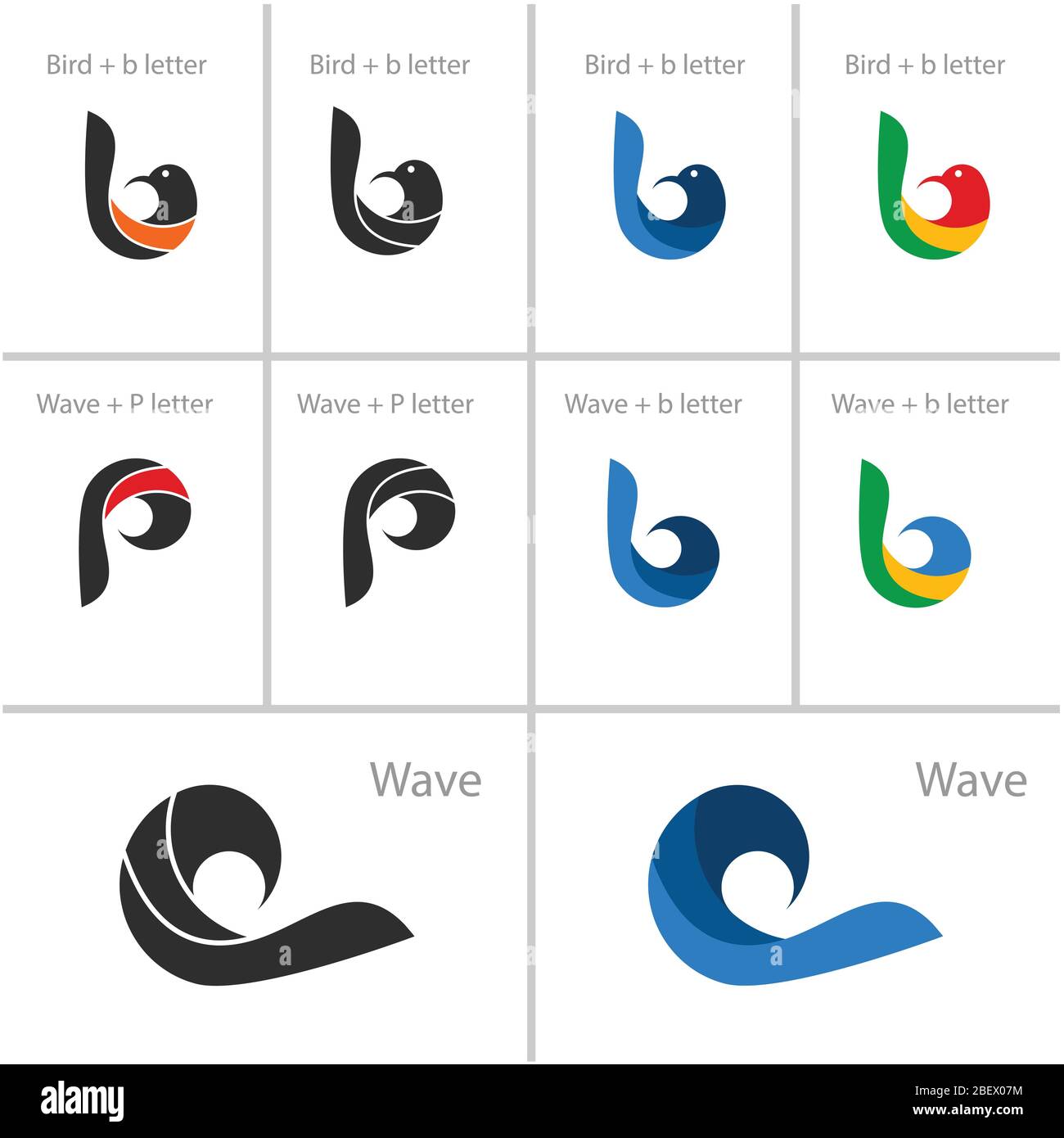 Set di modelli vettoriali per logo grafico, logo a lettere d'uccello, concetto di logo P B iniziale, illustrazioni vettoriali a onde. Illustrazione Vettoriale