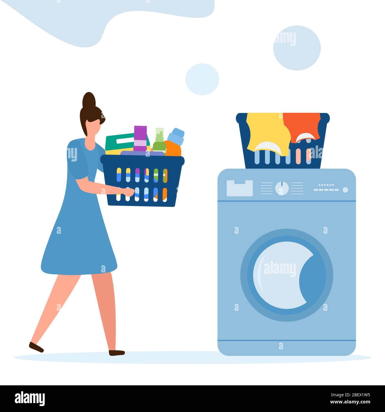 Vector illustrazione Donna porta lavare i vestiti sporchi lavatrice, cesto  di biancheria, detersivi per bucato. Lavaggio dei vestiti. I chores  domestici della famiglia Immagine e Vettoriale - Alamy
