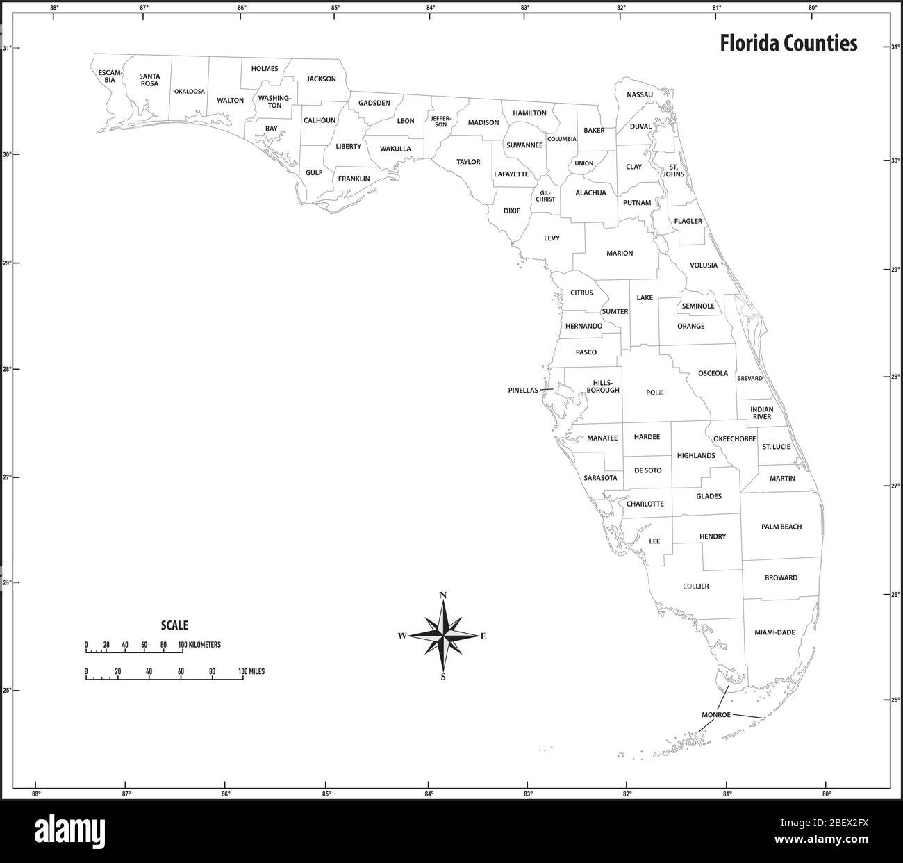 florida state delineate la mappa amministrativa e politica in bianco e nero Illustrazione Vettoriale