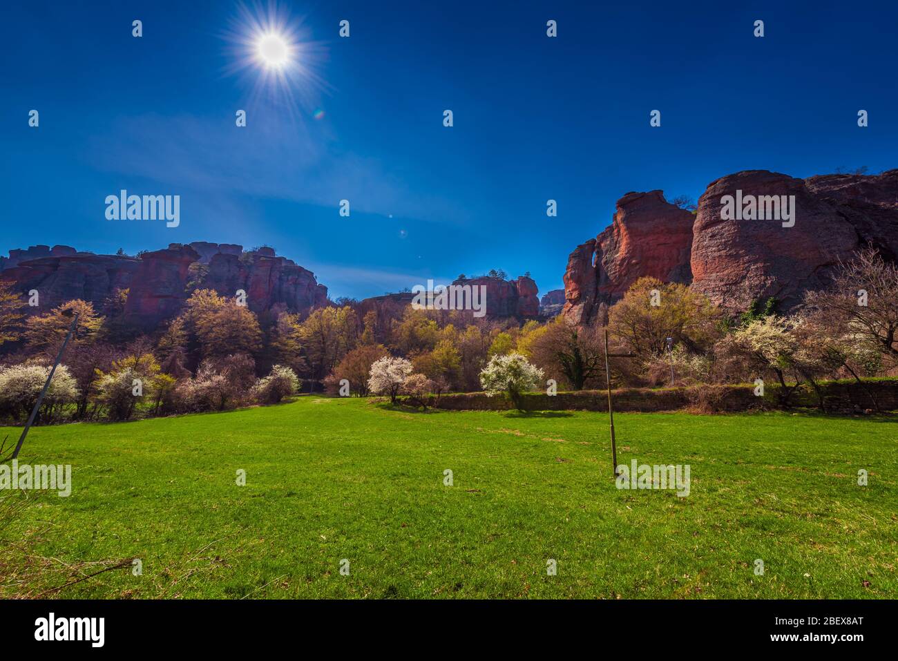 Giornata di sole nel bellissimo canyon Belogradchik (Bulgaria occidentale) con i suoi campi verdi pieni di alberi e le fenomenali formazioni rocciose di arenaria Foto Stock