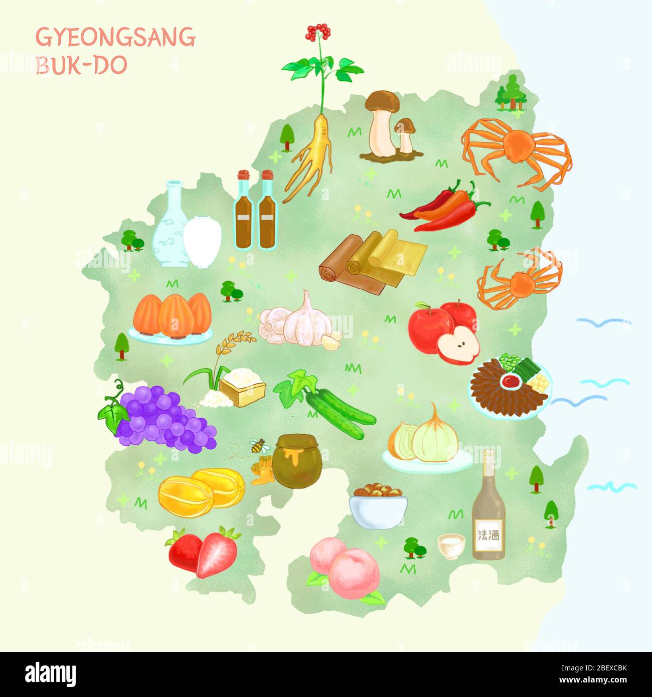 Mappa del materiale alimentare in Corea, illustrazione del distretto alimentare. 001 Illustrazione Vettoriale