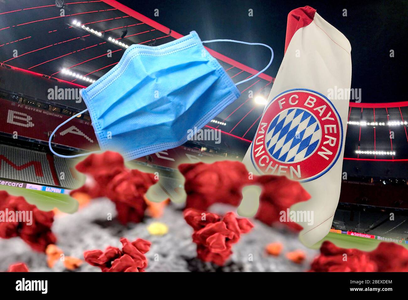 FOTO DI MONTAGGIO: Il virus corona ha anche il Bayern Monaco di Baviera saldamente sotto controllo. Non è chiaro quando continuerà a giocare nelle leghe di calcio. Il gioco regolare con gli spettatori di quest'anno si è spostato lontano - nella migliore delle ipotesi ci saranno giochi fantasma. Archivia foto; motivo bordo, caratteristica. Bandiera d'angolo con emblema del club del Bayern, stemma di fronte a uno stadio vuoto. Calcio 1.Bundesliga, 15° giorno, matchday15, FC Bayern Monaco (M) - SV Werder Bremen (HB) 6-1, il 14 dicembre 2019 a Muenchen ALLIANZARENA, LE NORMATIVE DFL VIETANO QUALSIASI USO DI FOTOGRAFIE COME SEQUENZE DI IMMAGINI E. Foto Stock
