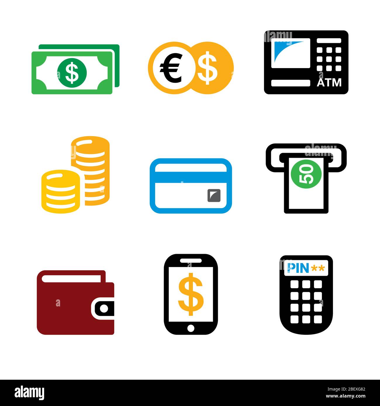 Money, ATM - Cash Machine vettoriale icone set - banking, retail e finanza design Illustrazione Vettoriale