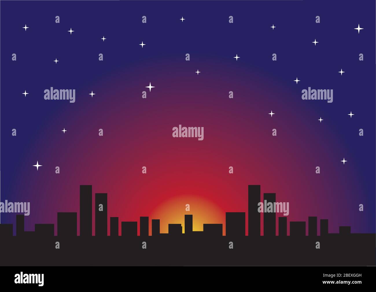 Silhouette di skyline urbano contro la romantica serata stellata. Illustrazione vettoriale. Illustrazione Vettoriale