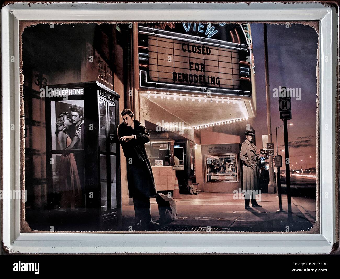 La targa d'epoca delle star del cinema di Hollywood con Elvis Presley, James Dean e Humphrey Bogart Foto Stock