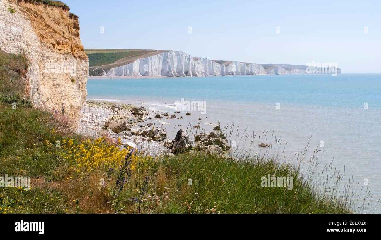 Le sette Sorelle e Cuckmere Haven di Seaford Head, East Sussex, Inghilterra, Regno Unito Foto Stock