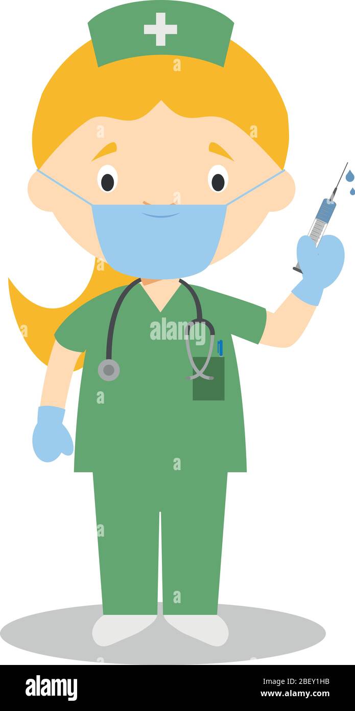 Carino cartoon vettoriale illustrazione di un infermiere con maschera chirurgica e guanti in lattice come protezione contro un emergenza sanitaria Illustrazione Vettoriale