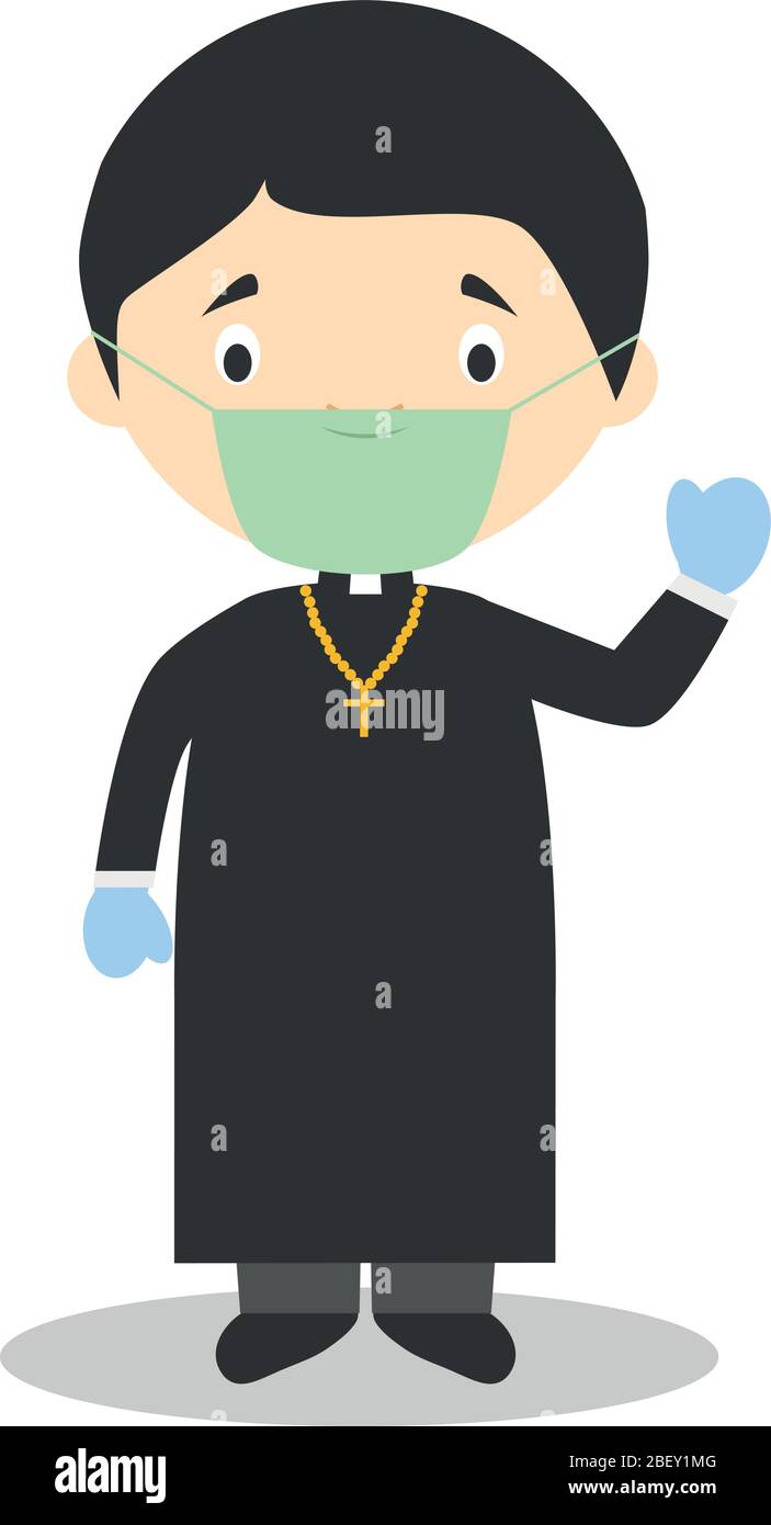 Carino cartoon vettoriale illustrazione di un sacerdote con maschera chirurgica e guanti in lattice come protezione contro un emergenza sanitaria Illustrazione Vettoriale