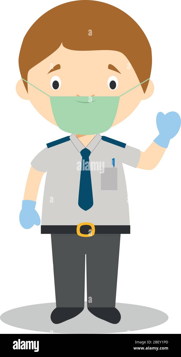 Carino cartoon vettoriale illustrazione di un conducente di autobus con maschera chirurgica e guanti in lattice come protezione contro un emergenza sanitaria Illustrazione Vettoriale