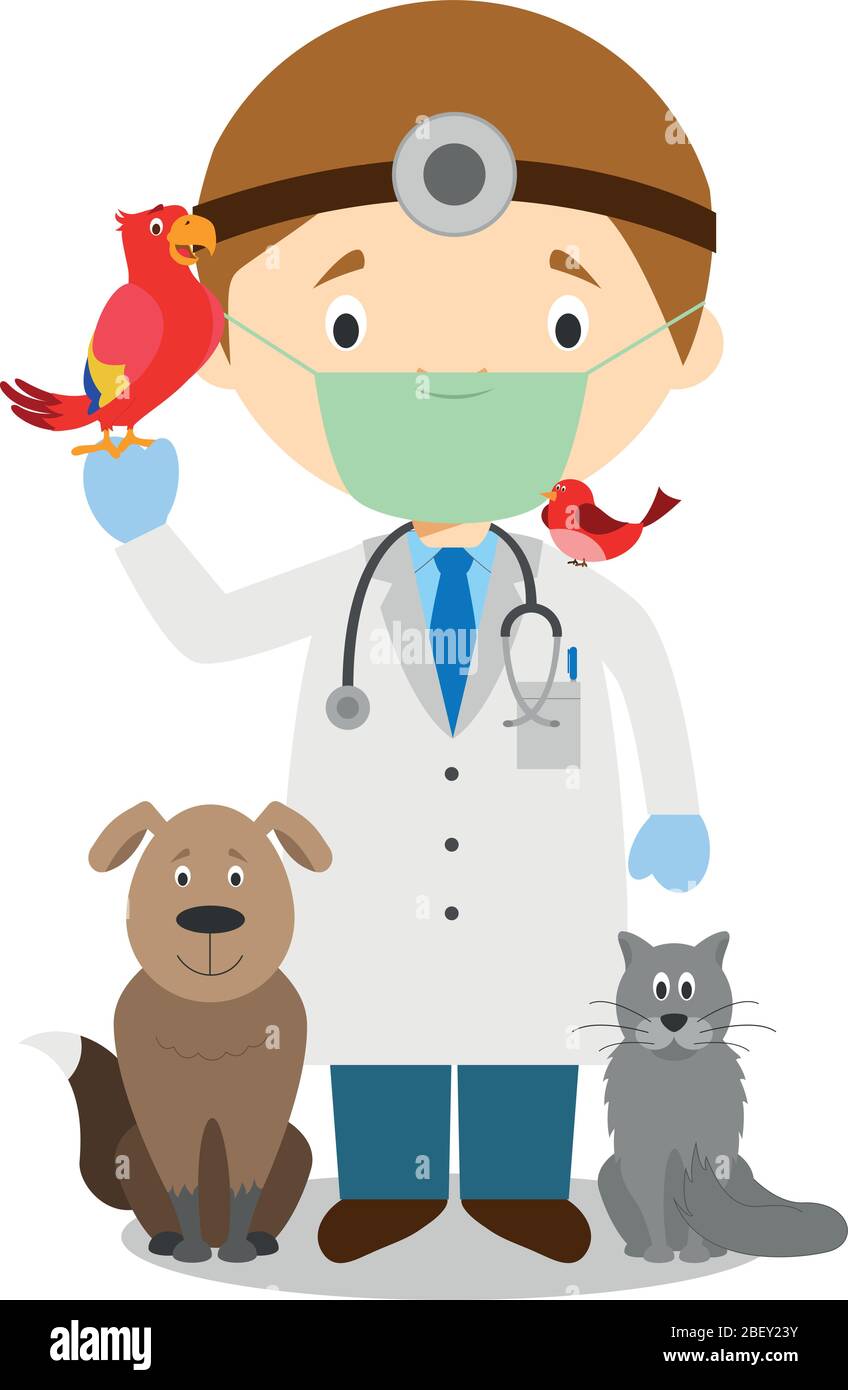 Carino cartoon vettoriale illustrazione di un veterinario con maschera chirurgica e guanti in lattice come protezione contro un emergenza sanitaria Illustrazione Vettoriale