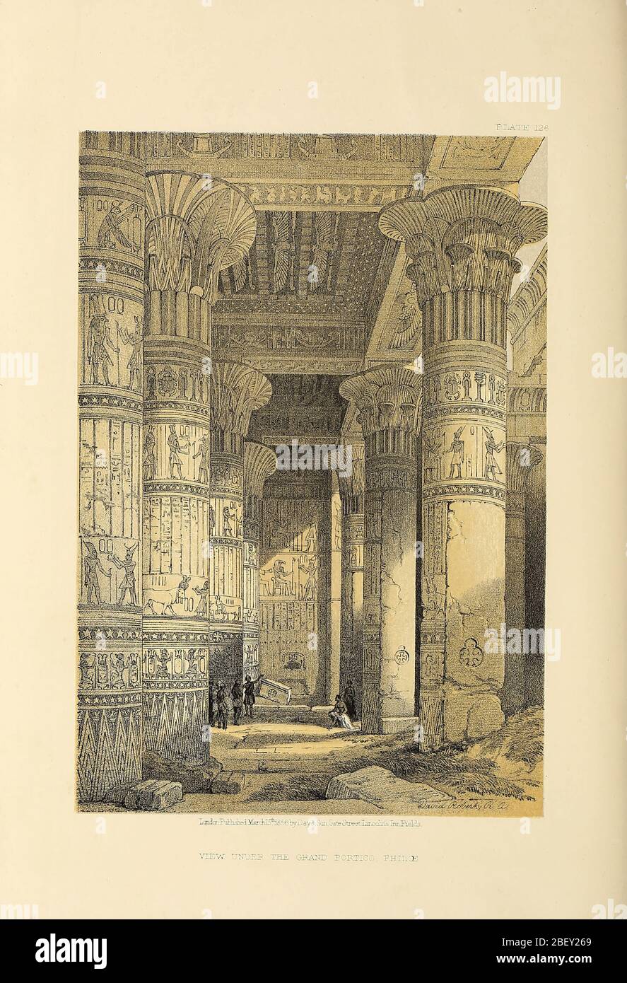 Vista sotto il Gran Portico del Tempio di Philae, Nubia, Egitto. Di David Roberts dalla Terra Santa : Siria, Idumea, Arabia, Egitto & Nubia di Roberts, David, (1796-1864) inciso da Louis Haghe. Volume 4. Libro pubblicato nel 1855 da D. Appleton & Co., 346 & 348 Broadway a New York. Foto Stock