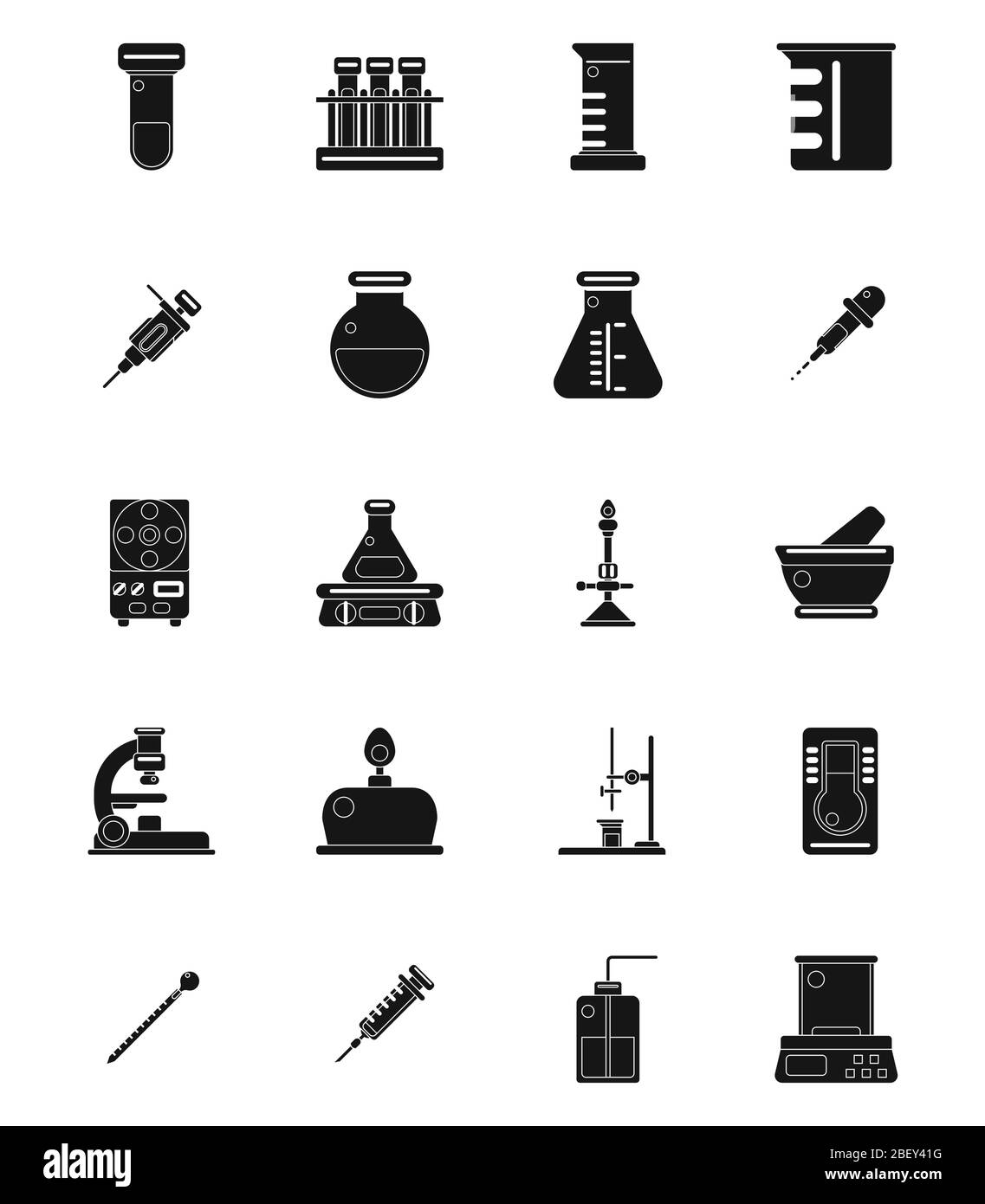 20 set di illustrazioni vettoriali per icone solide per apparecchiature da laboratorio. Illustrazione Vettoriale