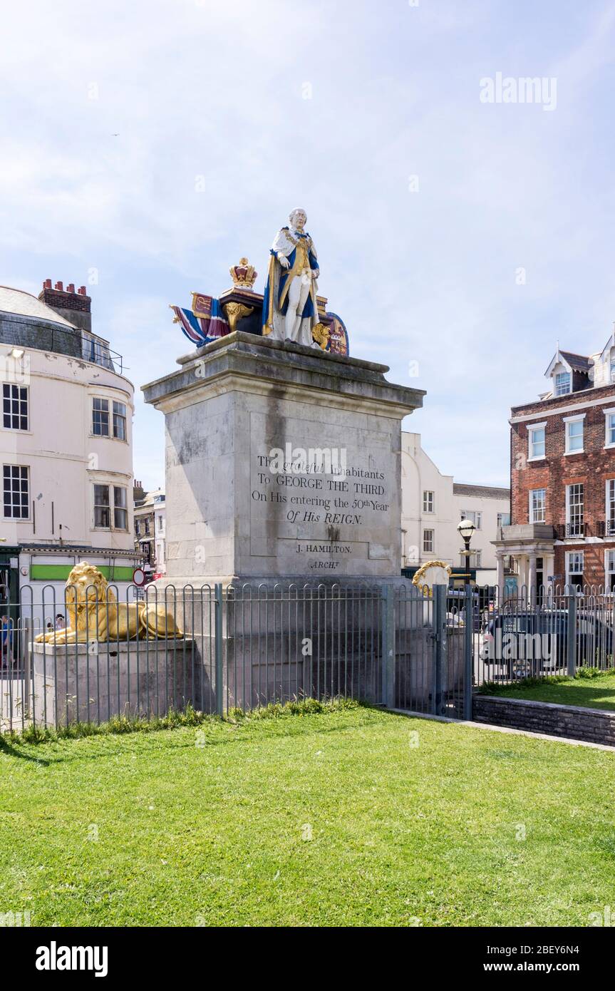 Statua del re Giorgio III, eretta come tributo al re nel 1810. Weymouth, Dorset, Inghilterra, GB, Regno Unito Foto Stock