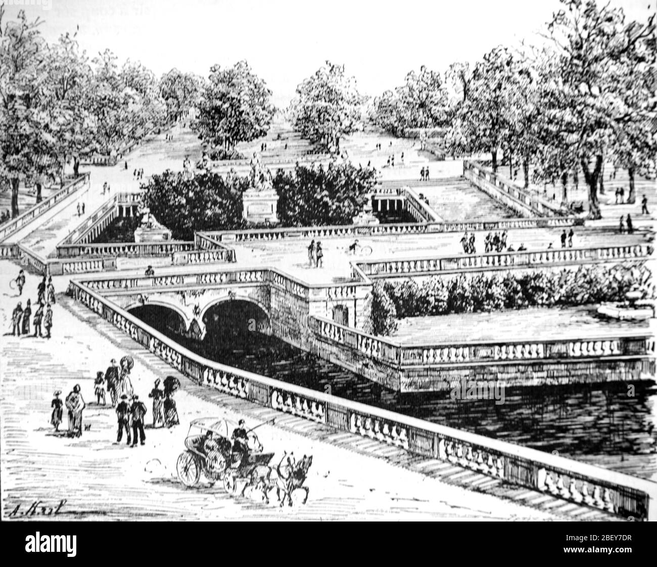Jardin de la Fontaine Neo-Classical Park & Garden Nimes Francia. Vintage o Old Illustration o Engraving 1888 Foto Stock