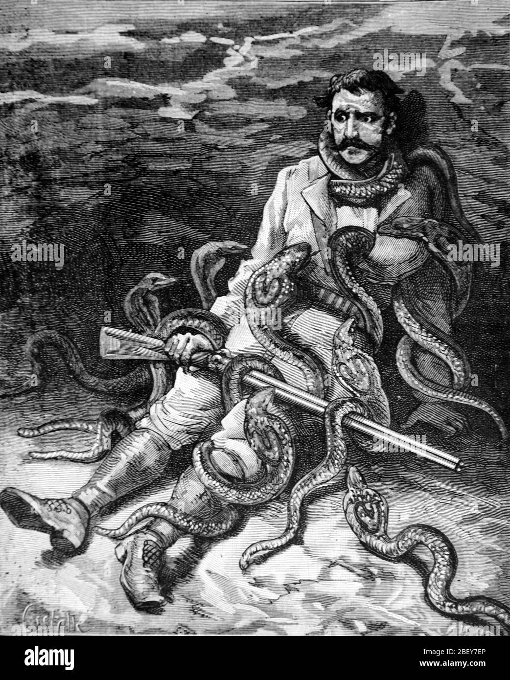 Uomo attaccato da Cobras in giungle dell'India. Vintage o Old Illustration o Engraving 1888 Foto Stock