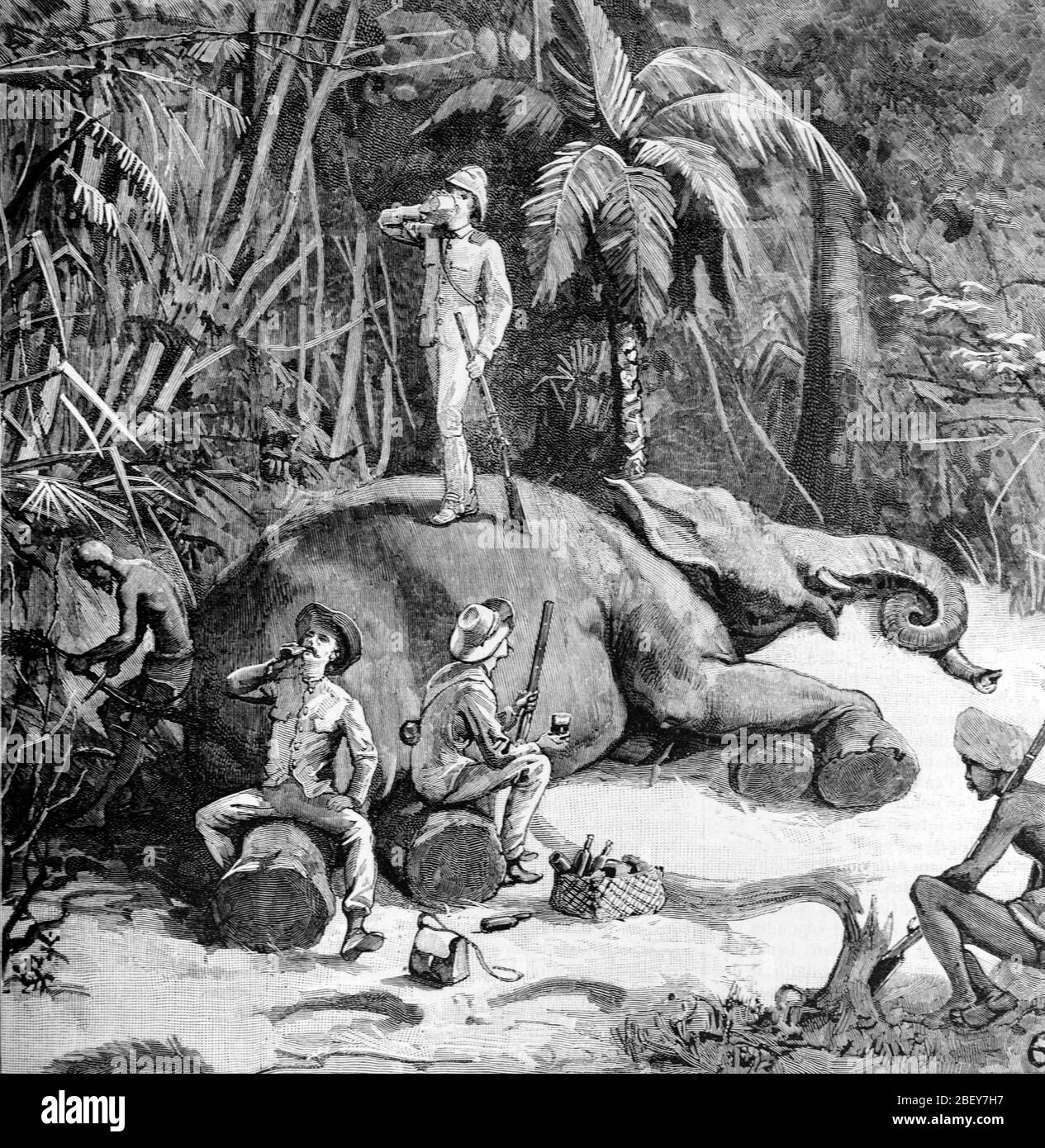 Cacciatori coloniali uccidendo elefante sulla caccia agli elefanti. Vintage o Old Illustration o Engraving 1888 Foto Stock