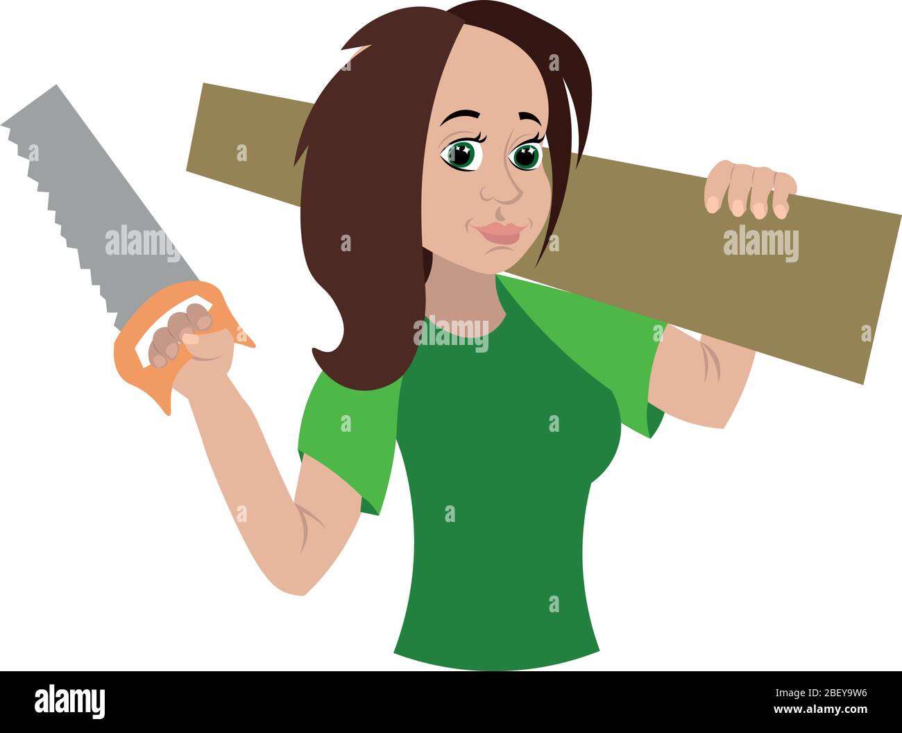 Giunto. Donna carpentiere. Legno. Femminismo. Ragazza in una T-shirt verde con una sega e una lavagna. Illustrazione Vettoriale