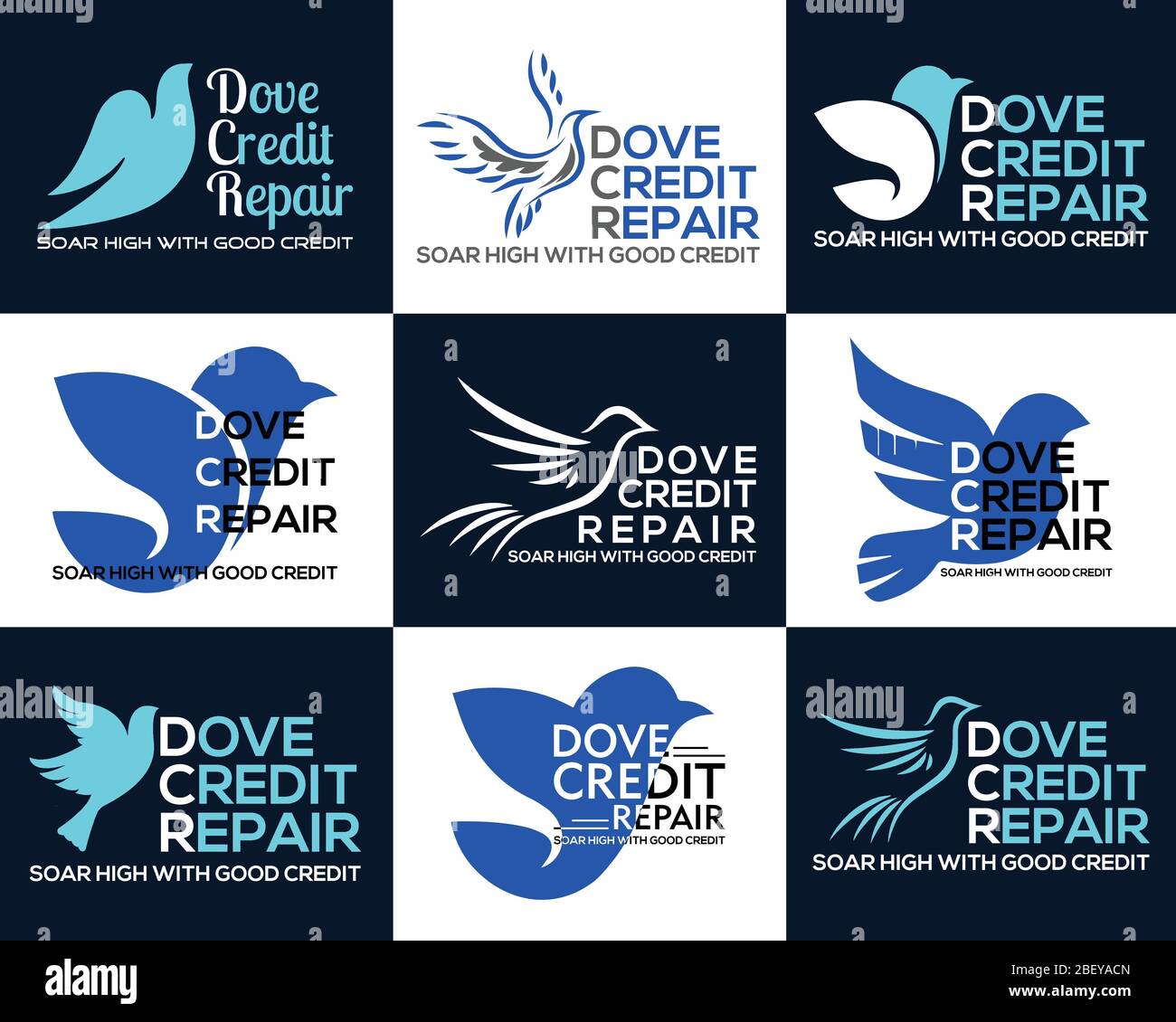 Set di simboli per piccioni e colombe. Logo di volo di uccello colombi dell'arte. Modello di disegno di logo di illustrazione dell'uccello blu. Illustrazione Vettoriale