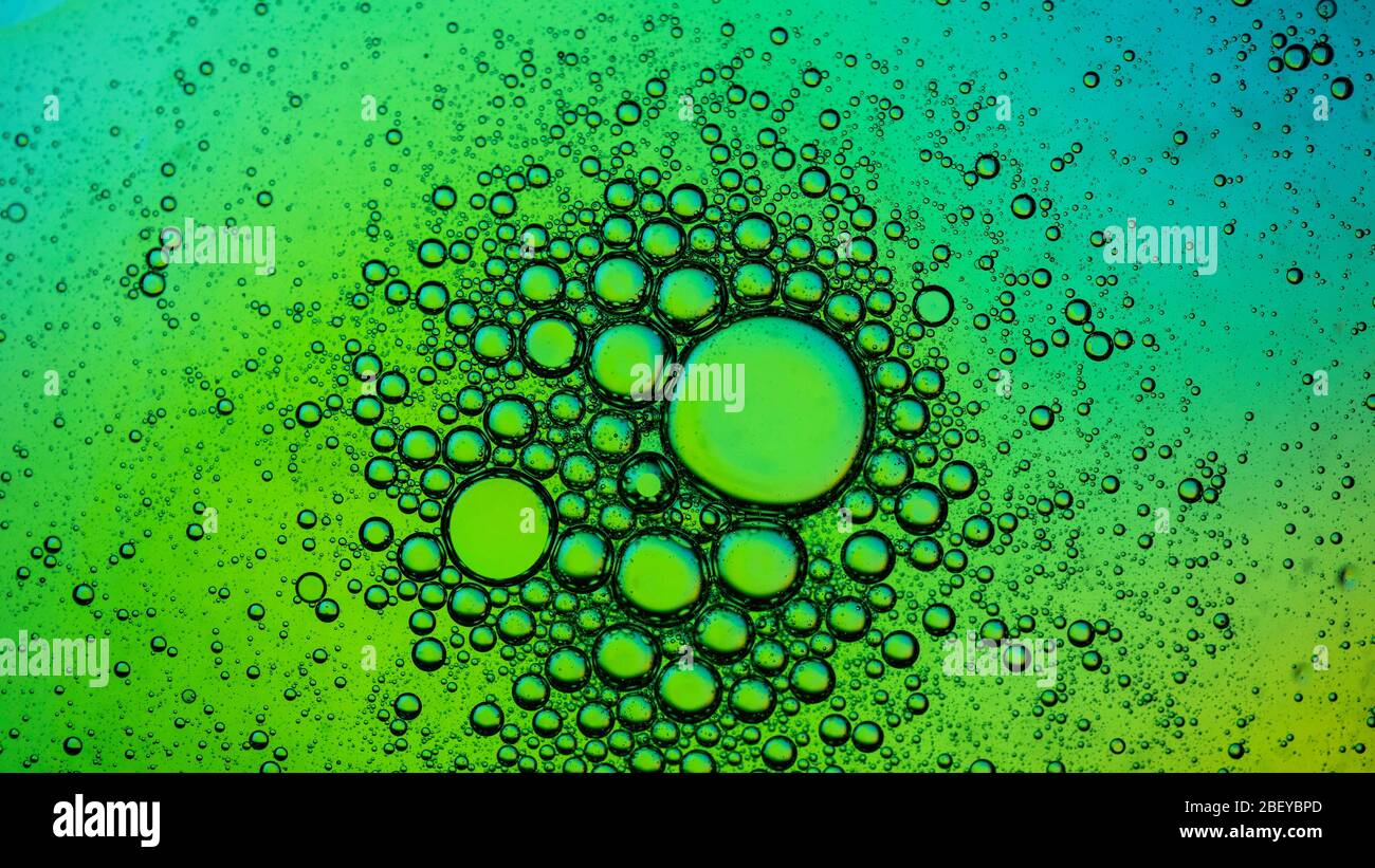 Astratto colorato creativo macro olio e acqua sfondo con bolle. Foto Stock