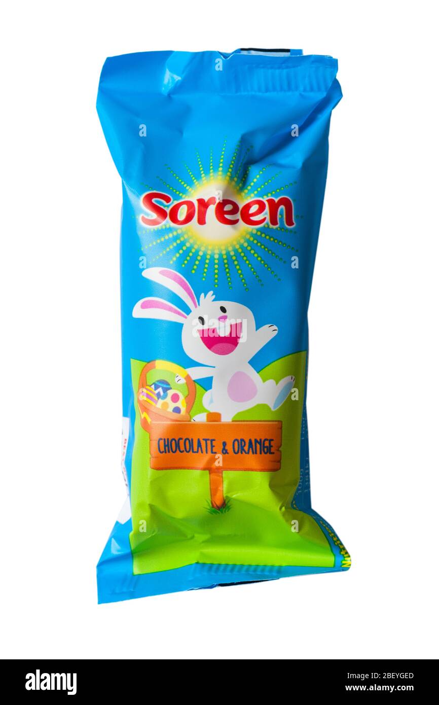 Soreen deliziosamente primavera cioccolato e arancione 5 mini pagnotta isolato su sfondo bianco - pronto per Pasqua Foto Stock