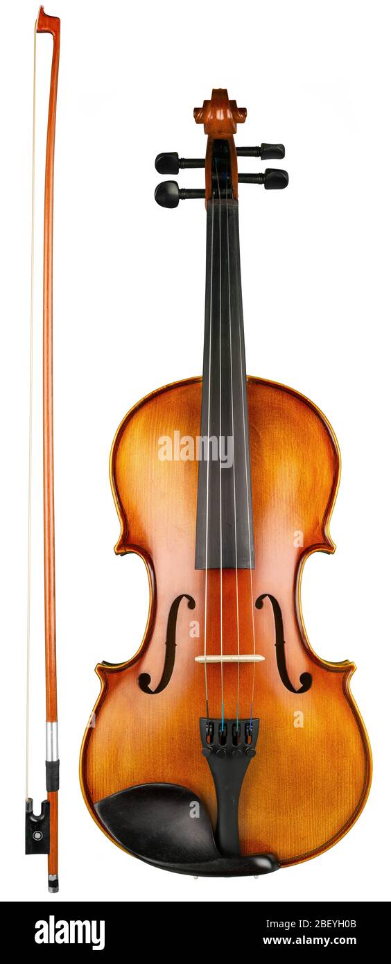 vecchio legno di alta qualità retrò violino marrone con strumento di archi di musica isolato su sfondo bianco. musica classica orchestra vintage sym Foto Stock