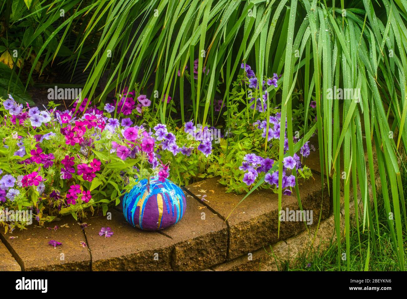 Piante da giardino all'aperto in tarda estate, con roccia dipinta decorativa, Greater Sudbury, Ontario, Canada Foto Stock