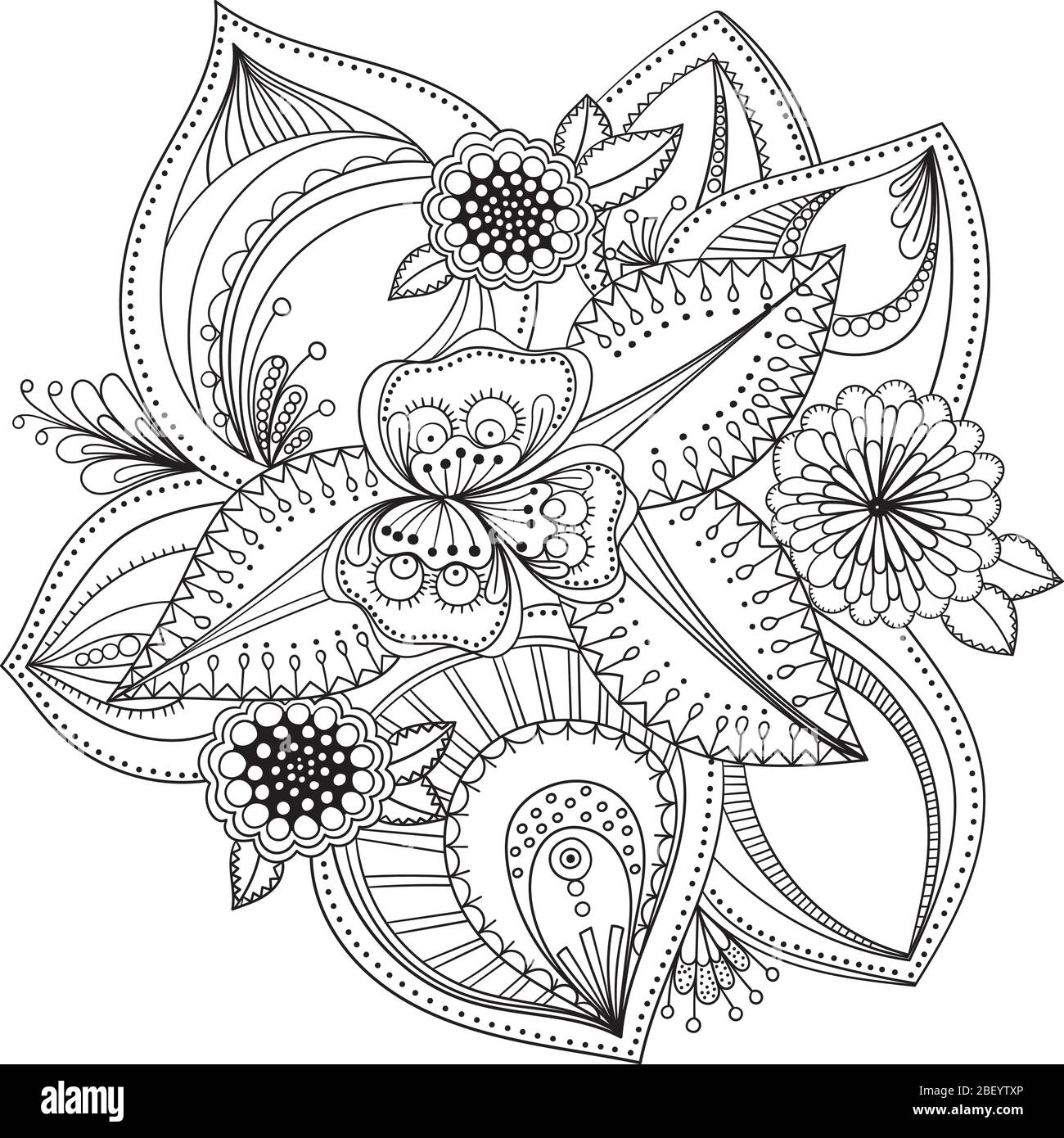 Fiori decorativi Doodle in bianco e nero per colorare libro, copertina o sfondo. Schizzo disegnato a mano per la pagina di colorazione anti-stress per adulti. Vettore Illustrazione Vettoriale