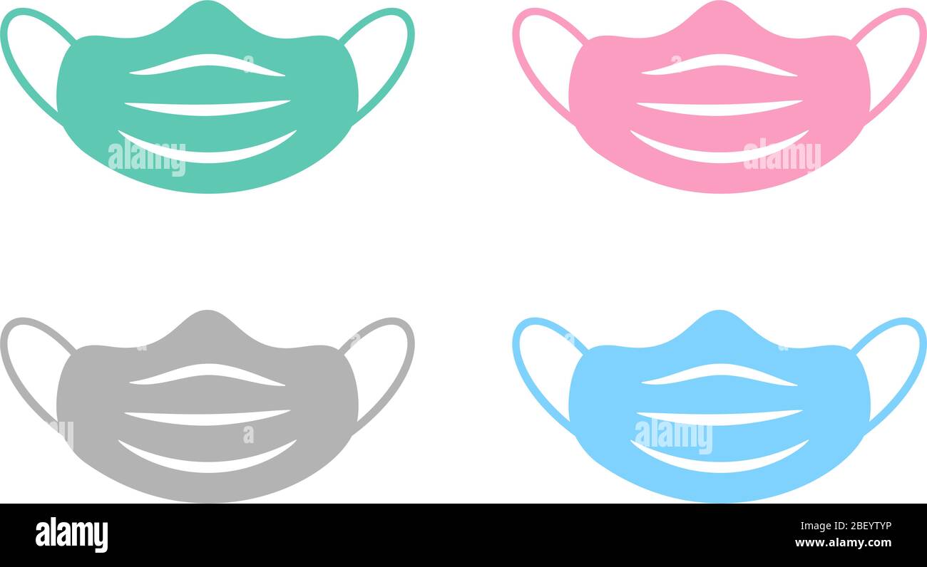 Set di maschere facciali per uso medico vettoriale o icone di protezione chirurgica. Illustrazione cellulare di batteri del virus del coronavirus 2019-nCoV isolata su bianco Illustrazione Vettoriale
