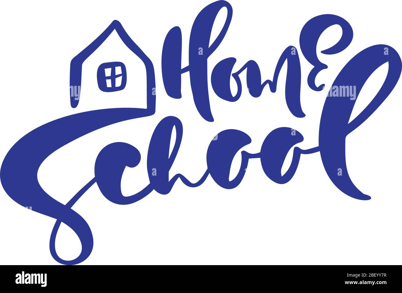 Concetto di casa scuola logo. Vector Home Scuola calligrafia testo e casa icona. Per studiare a casa online. Illustrazione emblema di Illustrazione Vettoriale