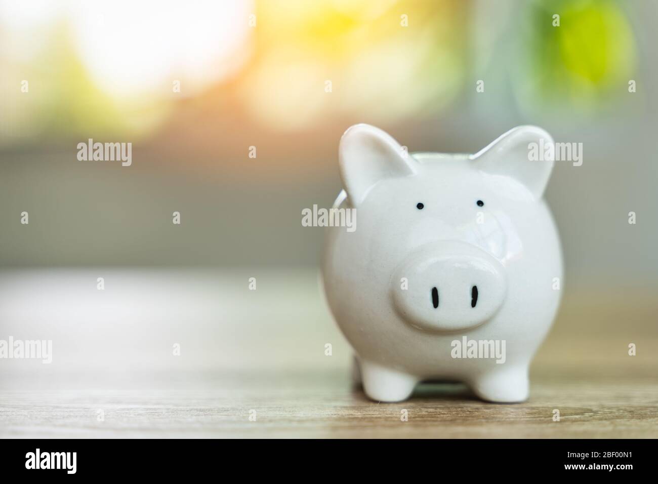 Denaro risparmio concetti Piggy banca simbolo di risparmio di denaro su tavola di legno con luce del sole bokeh sfondo sfocato e spazio copia Foto Stock