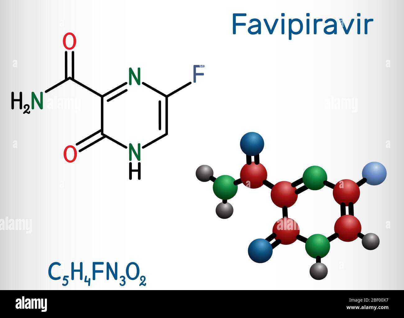 Favipiravir, molecola C5H4FN3O2. È un farmaco antivirale, ha attività contro virus RNA, influenza aviaria, virus Ebola, virus Lassa, COVID-19. St Illustrazione Vettoriale