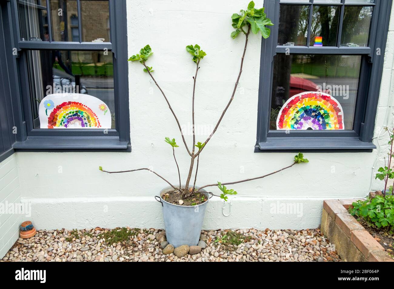 Chippenham, Wiltshire UK, 16 aprile 2020. Con la nazione dovuta ancora una volta a fare applaudire per mostrare il loro sostegno per l'NHS stasera, un'opera d'arte infantile arcobaleno (un simbolo di sostegno per le persone che vogliono mostrare solidarietà con i lavoratori NHS) è raffigurata in una finestra frontale di una casa a Chippenham, Wiltshire. Credit: Lynchpics/Alamy Live News Foto Stock