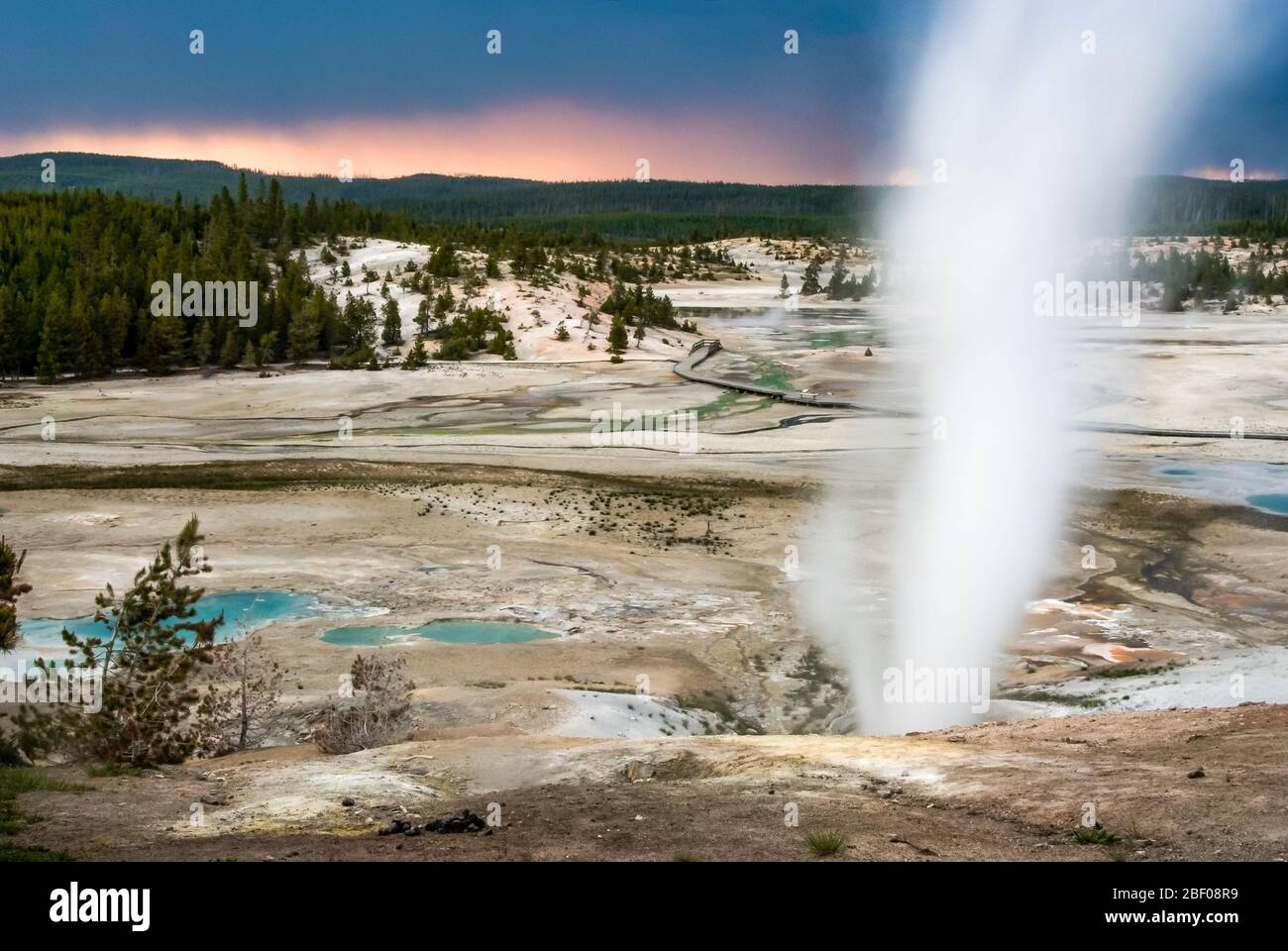 Sorgenti calde fumanti durante il tramonto sul bacino del Norris Geyser del Parco Nazionale di Yellowstone Foto Stock