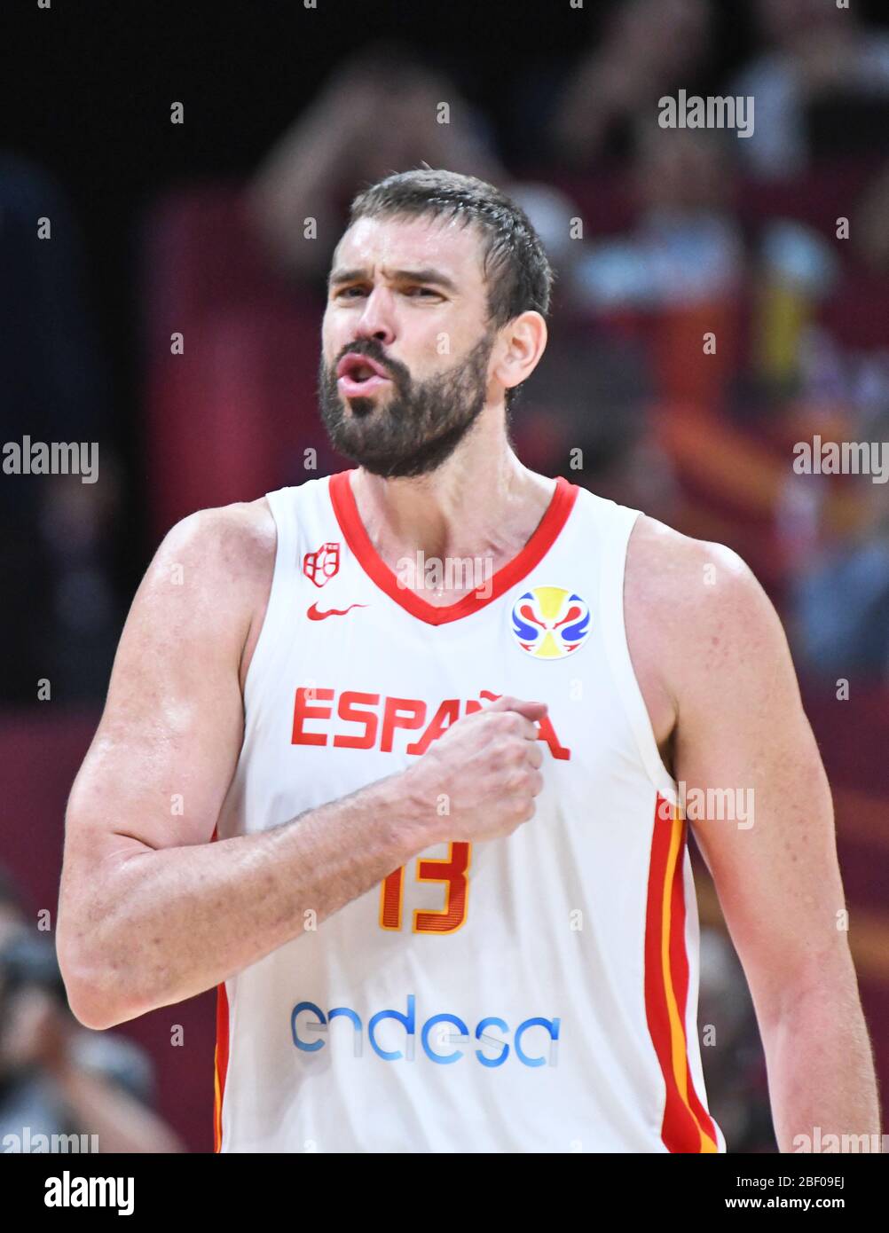 Marc Gasol (Spagna) celebra la vittoria in semifinale contro Australia. Pallacanestro FIBA World Cup Cina 2019 Foto Stock